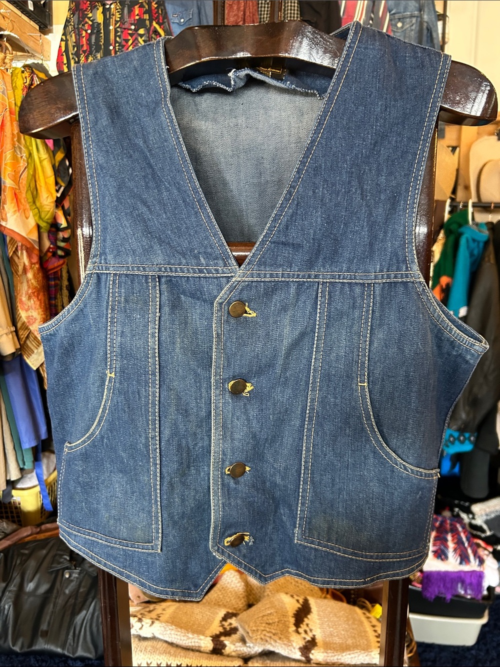 Vintage Western Denim Button-Front Vest - Blue